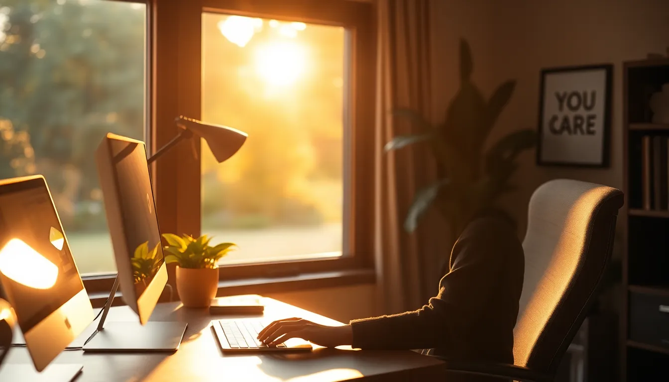 A serene home office scene bathed in golden hour light, featuring a young professional working on a laptop. Sunlight streams through a window, creating patterns on the wooden desk adorned with potted plants. The warm color tones and soft textures evoke a sense of comfort and productivity, making it an ideal representation of remote work. The depth of field draws attention to the focused individual while beautifully blurring the outdoor view.
