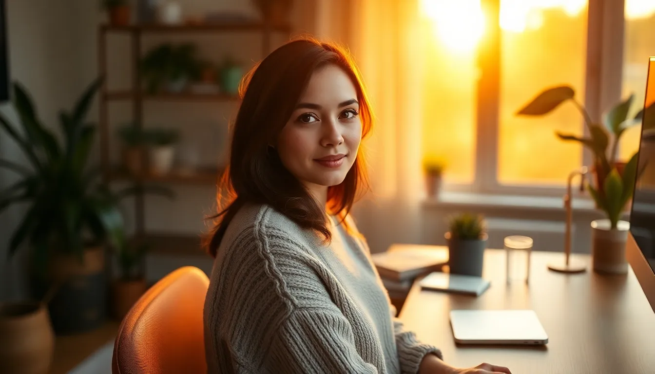 This image captures a young woman working in her stylish home office during golden hour. The warm backlighting highlights her relaxed expression as she types away, surrounded by inviting decor. Rich textures from the wooden desk and soft sweater enhance the cozy atmosphere, making it ideal for depicting remote work environments. The shallow depth of field draws focus to her engaged demeanor, while the bokeh softly blurs the background elements.