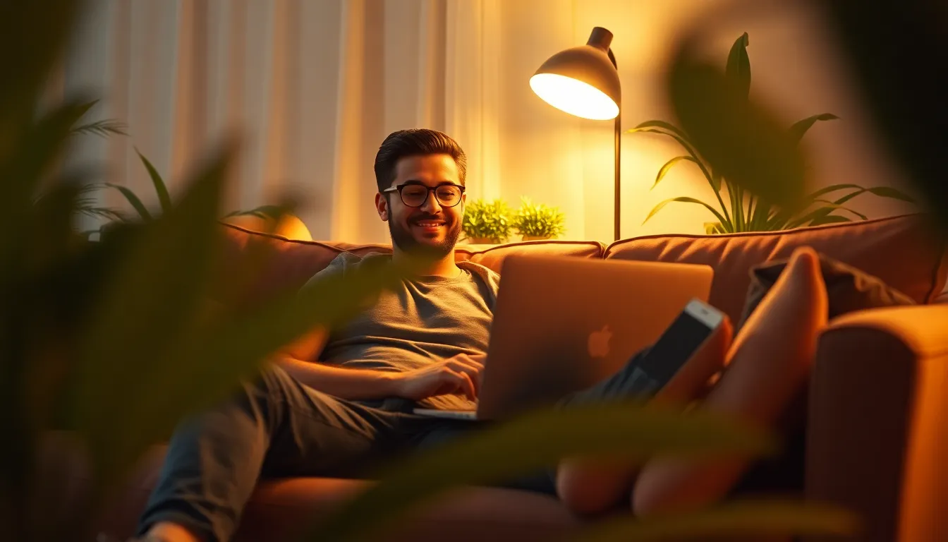 This image depicts a young woman participating in a video conference from her chic home office. The golden hour lighting bathes her in warmth, highlighting her engaging expression and focused demeanor. The minimalistic decor and soft color palette create a professional atmosphere, perfect for remote work settings. The dreamy background further emphasizes her presence, making it an ideal representation of modern virtual collaboration.