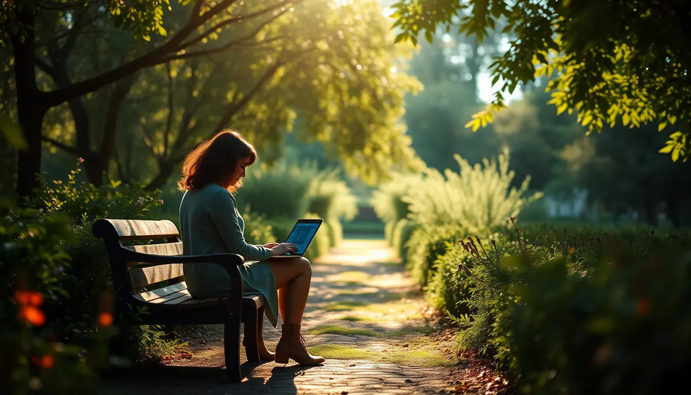 A serene image of a woman working on her laptop while seated on a rustic wooden bench in a vibrant garden. Sunlight filters through the tree canopy, casting beautiful dappled patterns around her. The lush greens and warm earth tones enhance the tranquil outdoor workspace, inviting a sense of calm and focus amidst nature.