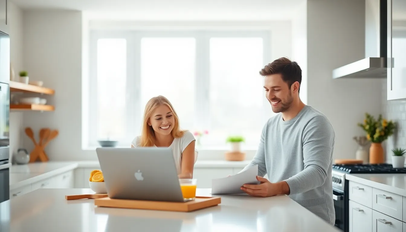 This lively image captures the delightful moment of a young couple preparing breakfast while also engaging in remote work in their bright kitchen. Soft diffused light from the large windows bathes the scene, enhancing their joyful expressions. With the focus on the couple, the beautifully blurred kitchen interior provides context without distraction. The pastel colors and bright whites contribute to a fresh and inviting ambiance, emphasizing the happiness of their shared workspace.