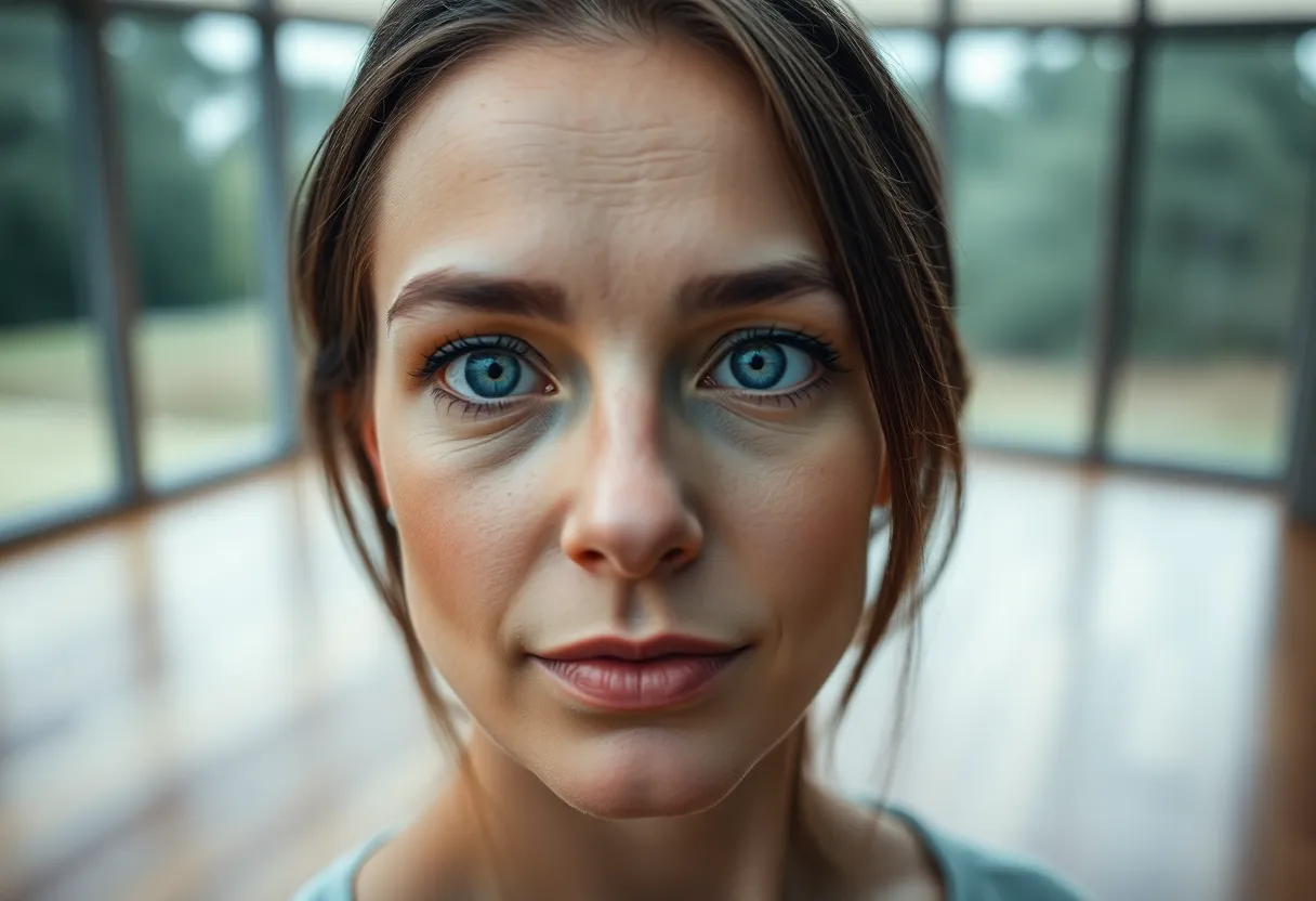 Focused Remote Worker in Modern Office A focused individual sits in a modern office bathed in soft, diffused daylight. With an emphasis on their determined expression, the background gently blurs into painterly softness. The muted earth tones create a calm and serene atmosphere, ideal for productive remote work environments. The clean, smooth hardwood flooring enhances the minimalistic design.