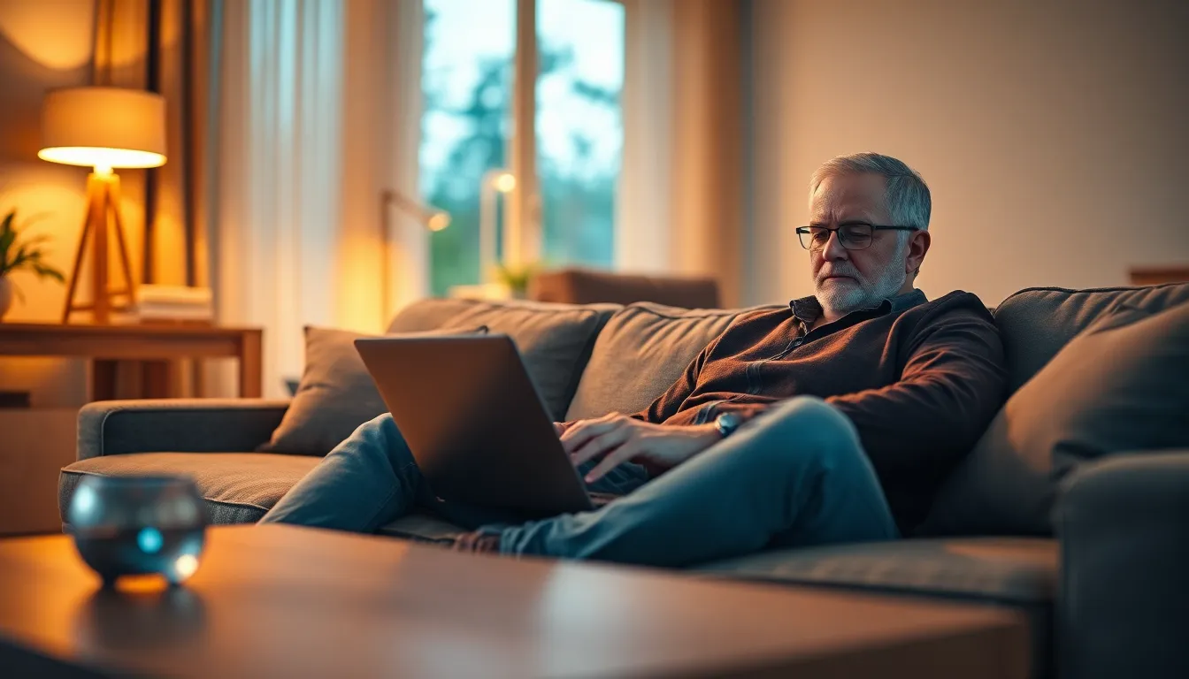 Casual Remote Work in a Modern Living Room A middle-aged man is seen comfortably working on his laptop from a stylish sofa in a modern living room. The warm glow from a desk lamp creates an inviting atmosphere, enhancing the cozy setting. The elegant decor and rich textures of the sofa contribute to a sophisticated yet relaxed workspace. The scene captures the essence of remote work in a homely and artistic way.
