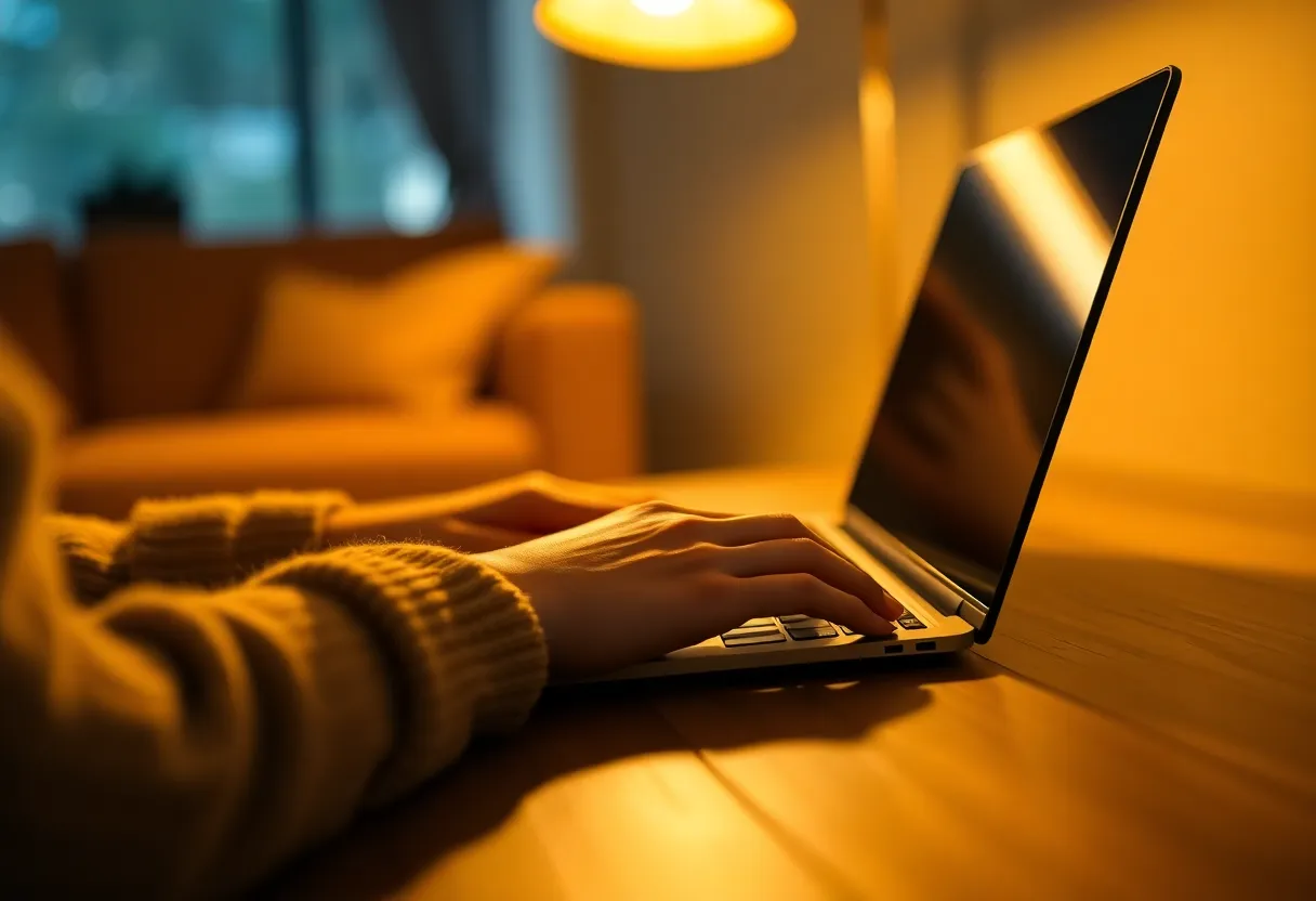 An intimate workspace portrait showcasing a person deeply focused on typing at a laptop, illuminated by the warm glow of a tungsten lamp. The rich textures of the wooden tabletop and the subject's soft sweater create a cozy, inviting atmosphere. The warm color palette of yellows and browns enhances the feeling of comfort, while the shallow depth of field emphasizes the act of focused work.