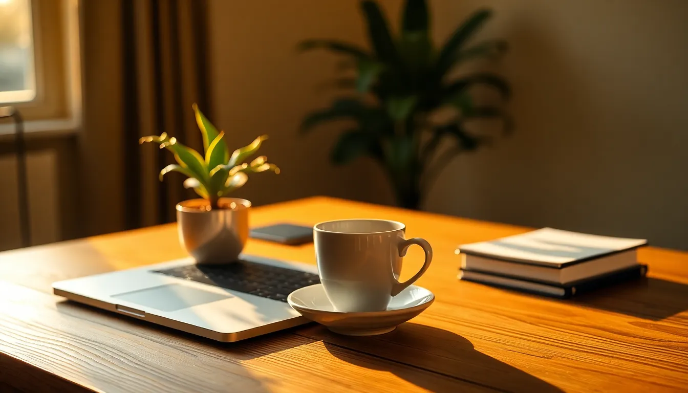 Elegant Desk Setup for Remote Work An aesthetically pleasing overhead view of a beautifully arranged desk, featuring a laptop, potted plant, and a steaming cup of coffee. The warm tones from the golden hour light enhance the natural wood grain, creating a cozy yet sophisticated atmosphere. This image captures the essence of a thoughtful workspace that inspires productivity and creativity in remote work settings.