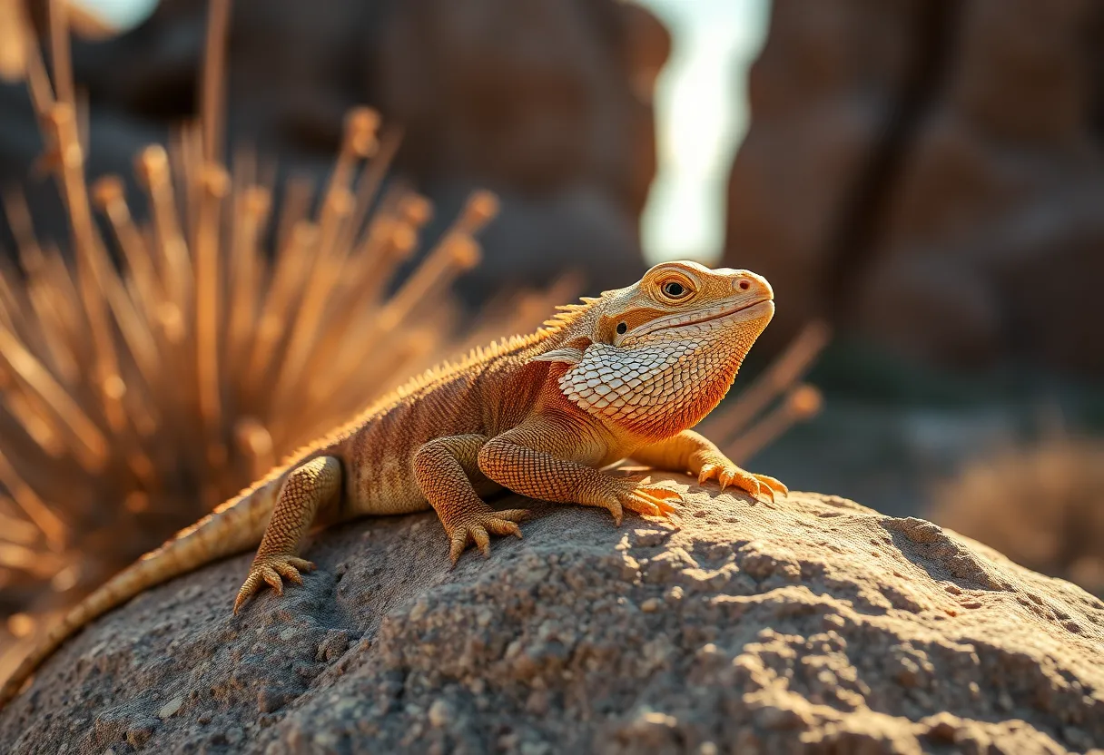 This captivating image portrays a bearded dragon basking on a sunlit rock, soaking in the golden hour light. The warm glow highlights the intricate textures of the dragon's skin against the rugged rock surface, creating a peaceful desert atmosphere. With a shallow depth of field, the focus is on the dragon while the soft background fades, enhancing the tranquil mood. The natural colors and leading lines invite the viewer to appreciate the beauty of this reptilian pet in its environment.