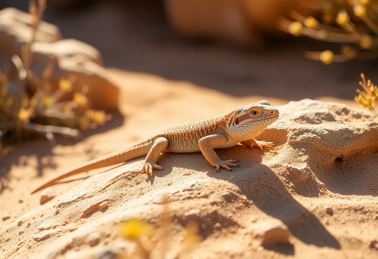 This compelling image captures a bearded dragon basking on a sunlit rock in a warm desert setting. Bright and direct lighting accentuates the dragon’s vivid scales, set against the soft sandy colors of its environment. The depth of field keeps both the dragon and nearby vegetation in focus, creating a balanced scene. Leading lines from the rock formations guide the viewer's gaze, highlighting the unique beauty of this reptile.