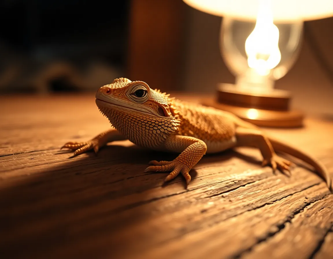This image captures a relaxed bearded dragon basking on a beautifully textured wooden surface. The warm tungsten light bathes the scene in a cozy glow, enhancing the dragon's earthy skin tones. The shallow depth of field artfully isolates the creature, drawing the viewer's eye while the background softly fades. The composition follows the rule of thirds, positioning the dragon for maximum visual appeal, resulting in a captivating wildlife portrait.