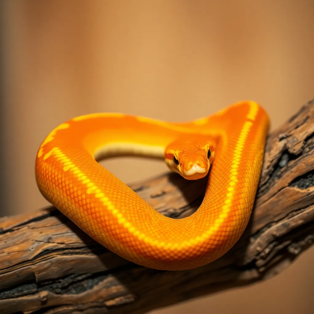 This striking close-up features a corn snake elegantly curled around a driftwood branch, showcasing its vividly colored scales. The warm glow from tungsten lighting highlights the snake's orange and yellow patterns while the background melts away into creamy bokeh. Captured with meticulous detail, the image invites the viewer to appreciate the intricate textures of both the snake and its natural habitat. The soft, inviting color palette enhances the comforting mood of this intimate nature scene.
