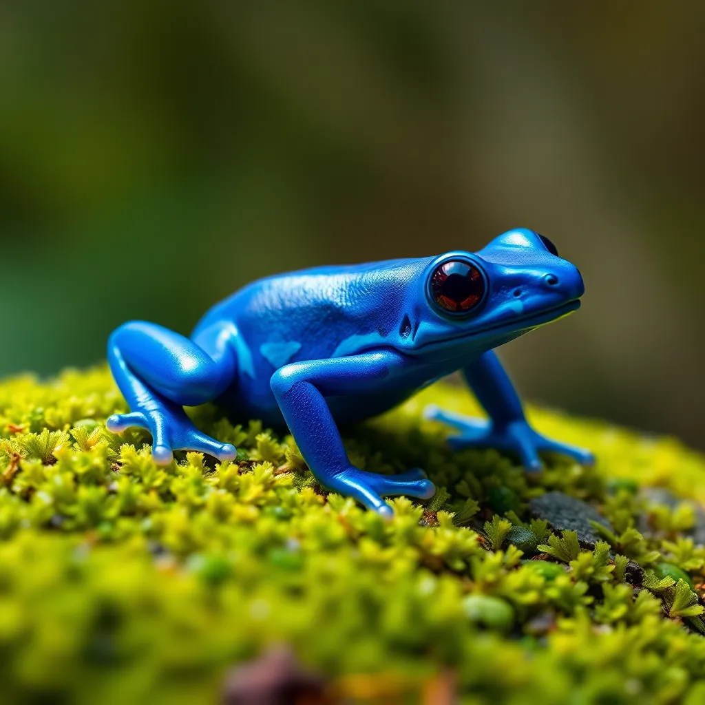 This striking close-up captures a vibrant blue poison dart frog resting on a soft, mossy surface in a rainforest setting. The natural daylight filtering through the canopy creates a serene and inviting atmosphere. The rich, saturated colors highlight the frog's mesmerizing patterns, drawing attention to its smooth skin. The shallow depth of field enhances the focal point on the frog while softly blurring the surrounding moss, creating a visually appealing contrast.