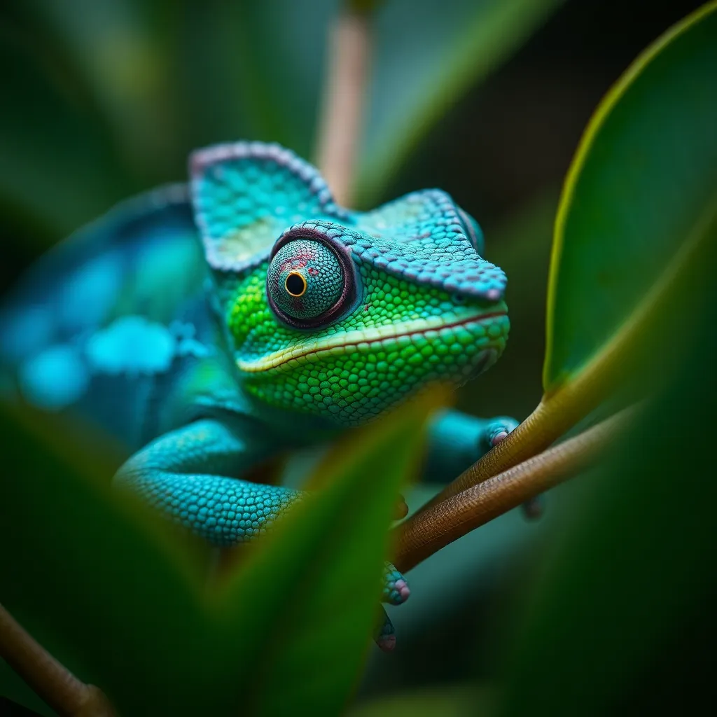 This captivating close-up captures a chameleon beautifully camouflaged among green leaves. The soft, diffused lighting enhances the vibrant colors of the chameleon's skin, showcasing its unique texture. Shot in macro, the image reveals intricate details that highlight the reptile’s ability to blend seamlessly into its environment. The centered composition draws the viewer's eye to the chameleon, surrounded by lush foliage, emphasizing the concept of camouflage in nature.