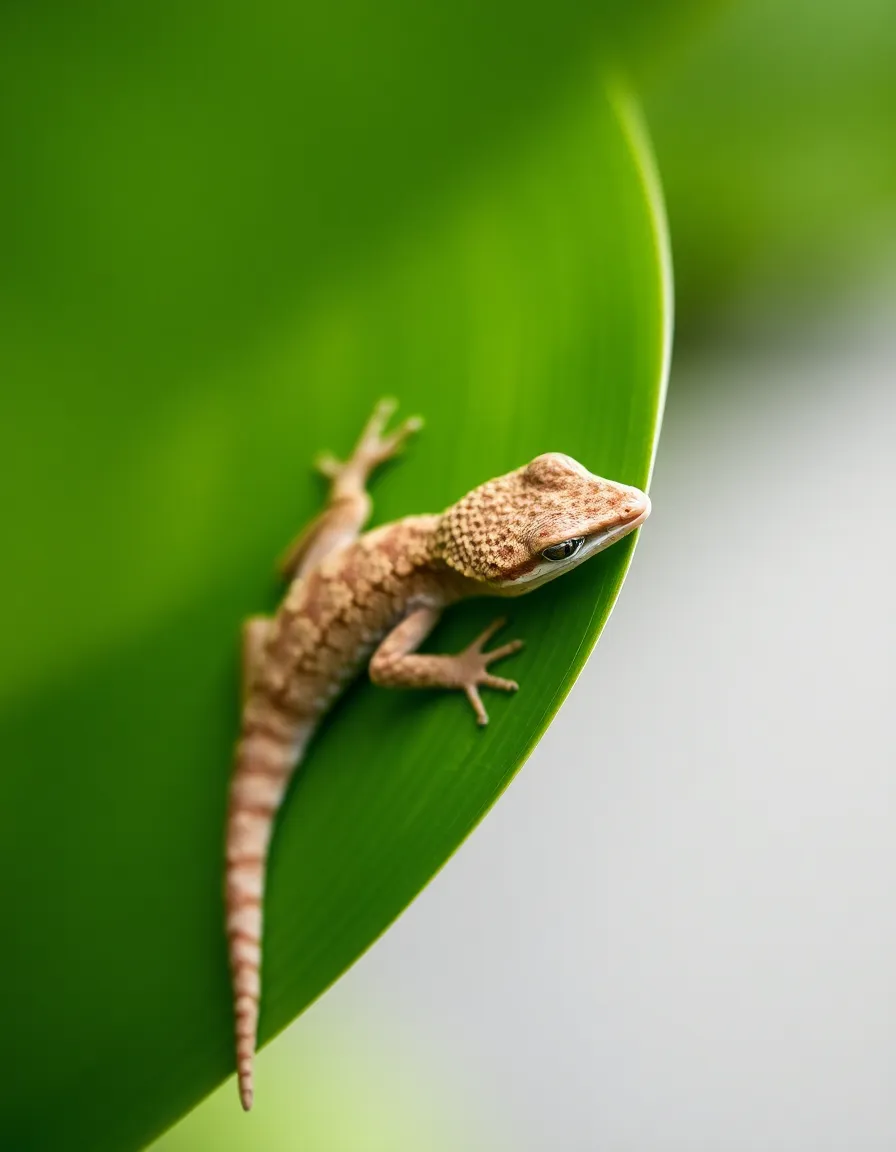 This charming image features a gecko perched on a vibrant green leaf, set against an overcast backdrop that provides a gentle, diffused light. The focus on the gecko reveals its intricate skin textures, beautifully contrasted against the leaf's rich tones. The shallow depth of field adds a dreamy quality, enhancing the visual appeal while softly blurring the background. Following the rule of thirds, this composition invites viewers to appreciate the serene beauty of nature.