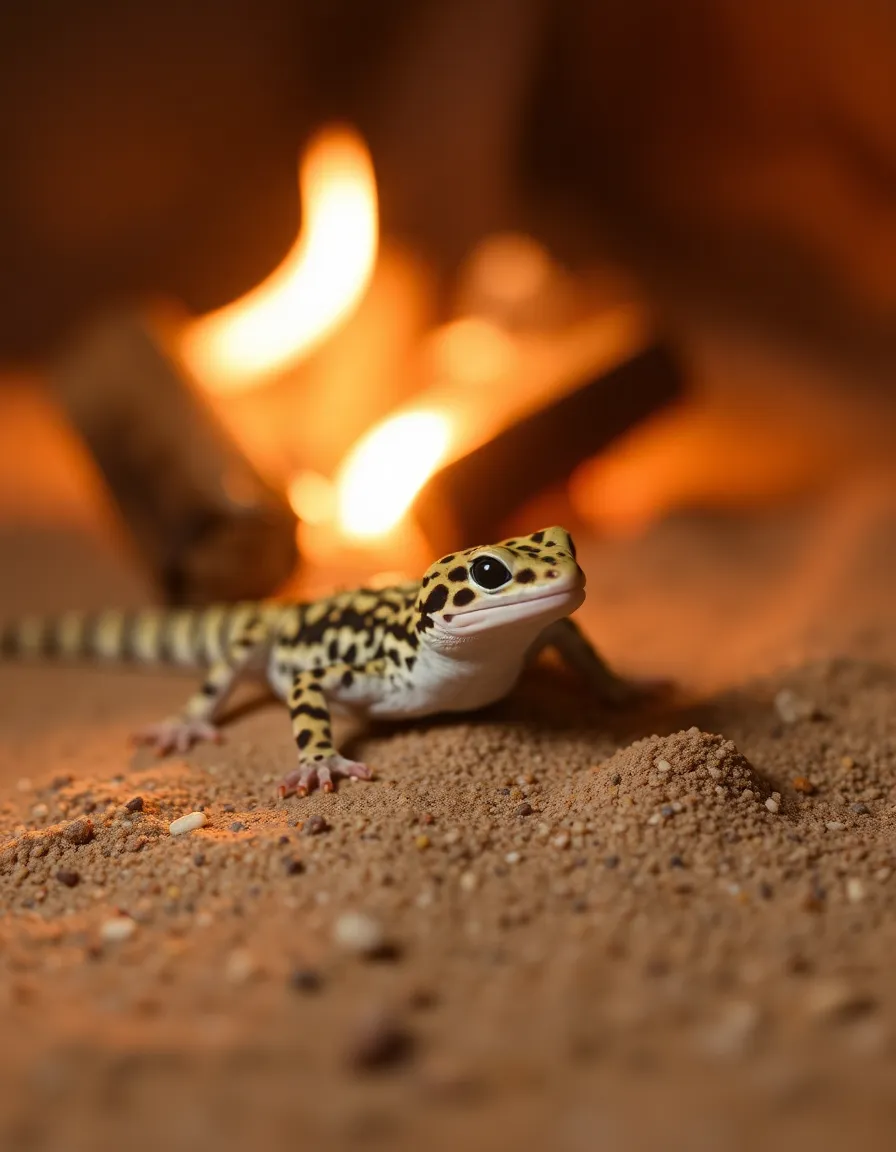 This delightful image features a playful leopard gecko relaxing on a warm sand substrate, illuminated by the warm flickering glow of firelight. The captivating textures of the gecko's spotted skin are showcased crisply against the soft background of sand and pebbles. With a cozy and inviting atmosphere, the shallow depth of field draws the eye toward the gecko, inviting the viewer to explore the details of its habitat. The warm color palette enhances the mood, making this scene both charming and serene.