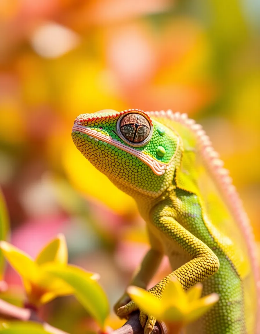 This captivating image showcases a chameleon's incredible ability to blend into its vibrant surroundings. Captured in the soft morning light, the chameleon's colorful scales contrast beautifully with the blurred foliage behind it, creating an artistic effect. The selective focus emphasizes its textured skin and expressive eyes. This photograph not only highlights the beauty of reptiles but also their fascinating adaptability in nature.