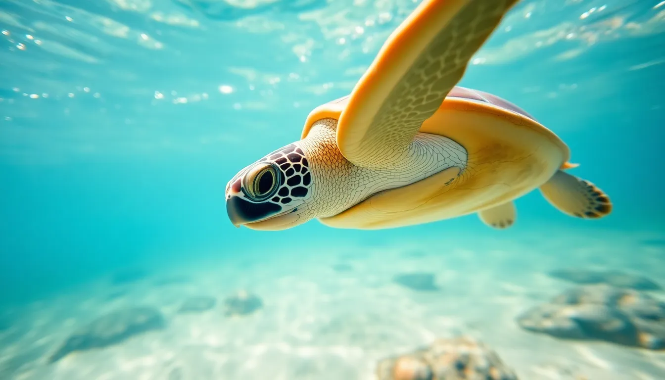 This captivating photograph captures a serene turtle gracefully swimming in crystal clear water. The bright daylight casts shimmering reflections, enhancing the underwater environment's beauty. The soft focus on the turtle's shell highlights its intricate texture and natural coloration, creating a tranquil underwater scene. The composition, utilizing the rule of thirds, emphasizes the turtle's movement as it glides effortlessly, inviting viewers into the peaceful depths of its aquatic habitat.