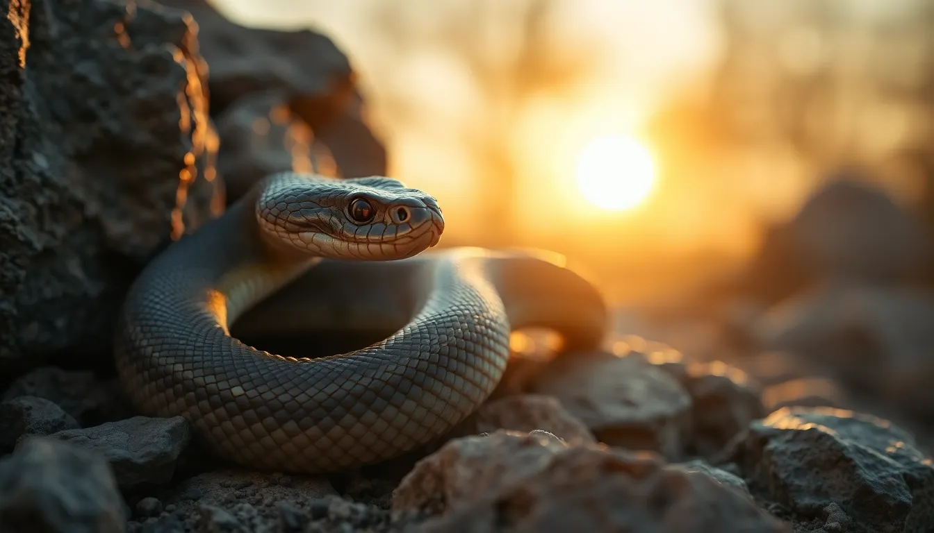 This dramatic image features a snake elegantly coiled around a rugged rocky outcrop, illuminated by the warm light of the golden hour. The backlighting enhances the intricate scales, creating a captivating contrast against the textured rocks. The shallow depth of field isolates the snake's head, drawing attention to its features amid a softly blurred background. The Dutch angle composition adds a sense of dynamic movement, making the viewer feel the energy of the scene.