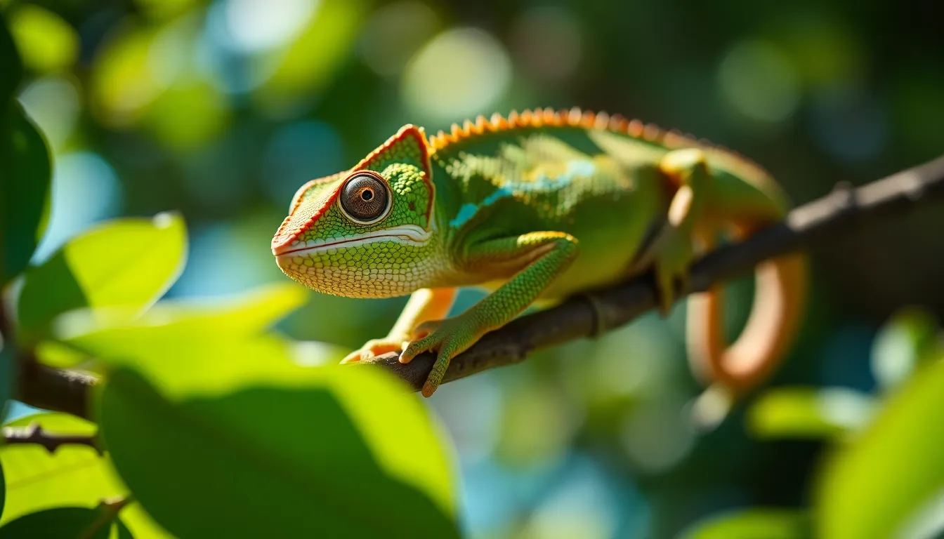 This captivating image captures a striking chameleon perched gracefully on a branch, blending into its lush surroundings. Dappled sunlight filters through leaves, creating a dance of light and shadow across the chameleon's textured skin. The shallow depth of field focuses on the chameleon while blurring the green leaves into a soft, painterly background. Vibrant greens, oranges, and blues in the color palette reflect its stunning ability to change color. The composition highlights the chameleon's unique form, inviting viewers into its vibrant world.