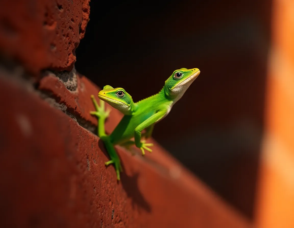 This captivating image showcases a green anole lizard gracefully perched against a textured brick wall. Warm natural light envelops the scene, creating a cozy and inviting ambiance. The shallow depth of field highlights the vibrant greens of the lizard against the earthy reds of the wall, providing striking contrast. The centered composition draws attention to the anole's elegant pose and intricate textures, perfectly capturing its beauty.