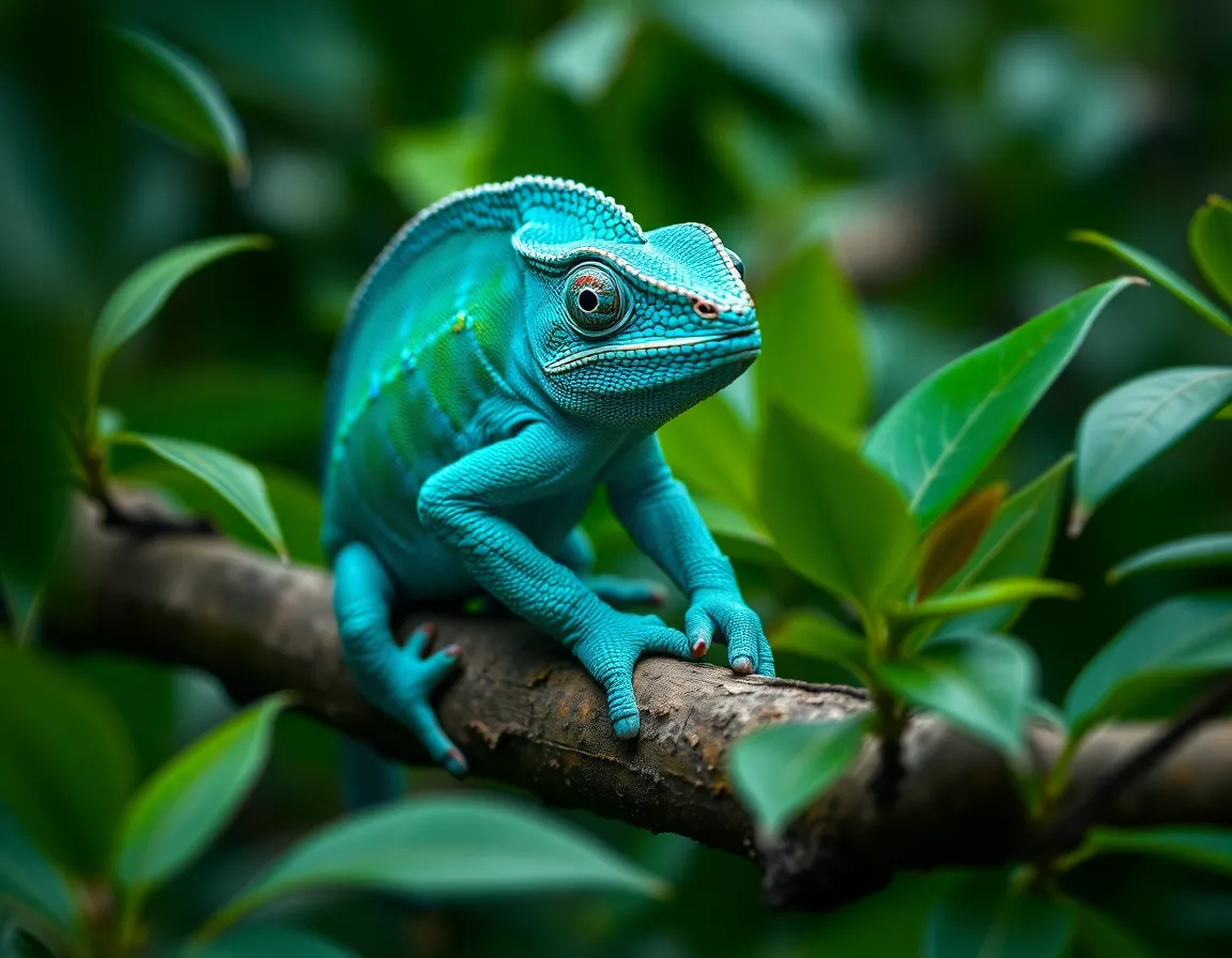 This enchanting image captures a vibrant blue-green chameleon perched on a branch amidst lush foliage. The soft, diffused light from an overcast sky creates a serene atmosphere, allowing the chameleon's vivid colors to stand out beautifully against the greens of the leaves. Textural details are rich, showcasing the unique skin of the chameleon and the rough bark of the branch. This whimsical scene conveys a sense of tropical tranquility, inviting the viewer to appreciate the beauty of reptiles in nature.