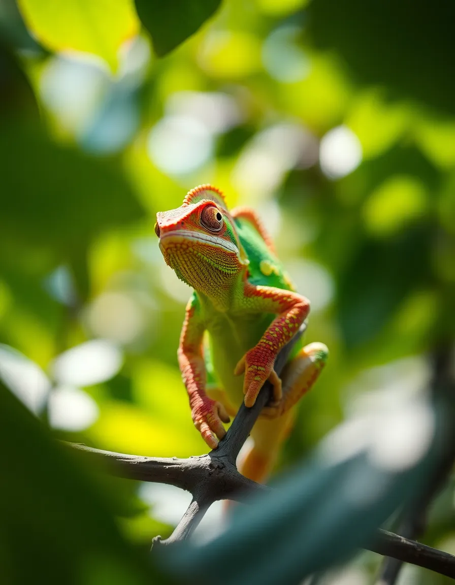 This enchanting image features a vibrant chameleon resting on a leafy branch. Soft, diffused daylight filtering through the leaves creates a serene atmosphere, while gentle shadows enhance the texture of the scene. The rich colors of the chameleon stand out against the muted greens of the foliage, showcasing its stunning beauty. A shallow depth of field emphasizes the intricate details of the chameleon, creating an immersive visual experience.