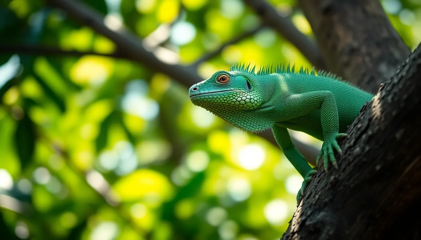 A stunning iguana basks on a branch, surrounded by the vibrant greens of a jungle. The filtered sunlight illuminates its textured skin, creating a captivating focal point. The iguana's rich green color contrasts against the earthy tones of the tree bark, while soft bokeh in the background enhances depth. This serene moment encapsulates the beauty of reptilian wildlife in a natural setting.