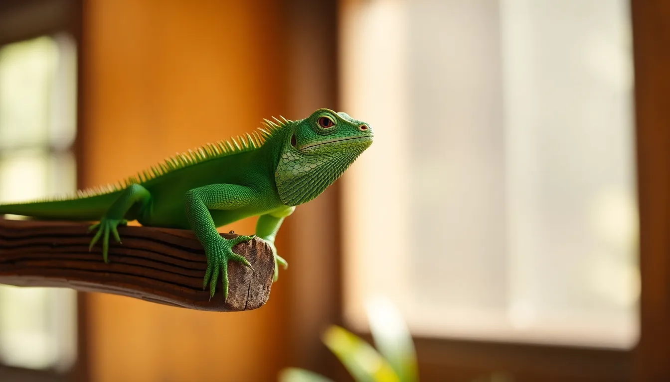 This captivating image features a vibrant green iguana gracefully perched on a rustic wooden beam. The soft daylight filtering through a nearby window creates an inviting atmosphere, highlighting the intricate scales of the iguana. The warm greens and browns evoke a sense of tranquility, enhanced by a shallow depth of field that directs focus to the reptile. The composition draws the viewer's eye through thoughtful placement and natural textures.