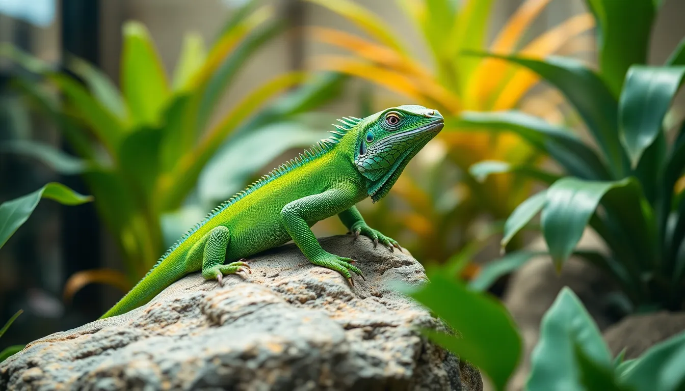 This image showcases a vibrant green iguana majestically resting on a textured rock in its terrarium. Soft natural light filters through the glass enclosure, highlighting the intricate details of the iguana's scales and the surrounding lush tropical plants. The shallow depth of field draws focus to the iguana, capturing the essence of its habitat with rich greens and earthy tones. The overall mood is serene and exotic, inviting the viewer into the reptile's world.