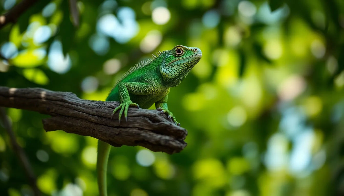This captivating image features a vibrant green iguana resting on a weathered branch in a lush tropical environment. The interplay of dappled sunlight and soft bokeh highlights the intricate details of the iguana's textured scales. The rich greens and browns evoke a sense of tranquility and natural beauty, making it a perfect representation of reptilian serenity. The composition skillfully uses leading lines to draw attention to the iguana, enhancing the overall visual impact.