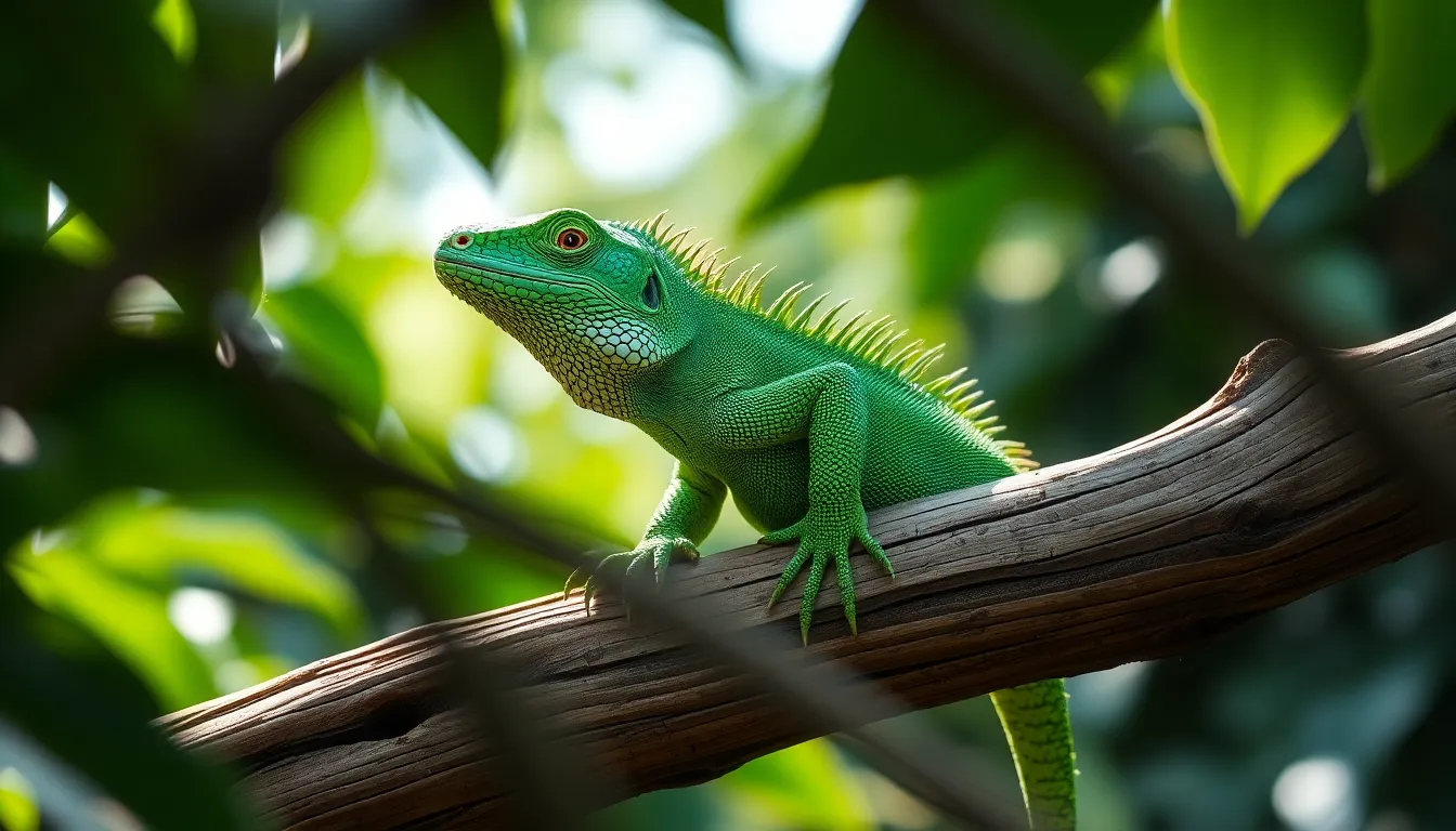 This captivating image showcases a vibrant green iguana resting on a rugged wooden branch, enveloped in the soft glow of morning light. The intricate texture of its scales contrasts beautifully against the blurred backdrop of tropical foliage, creating a serene and exotic atmosphere. A careful composition draws the viewer's eyes to the iguana, emphasizing its natural beauty. The rich greens and earthy tones evoke a sense of tranquility and life in a lush environment.