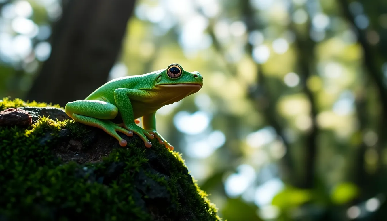 Vibrant Green Tree Frog on Mossy Rock