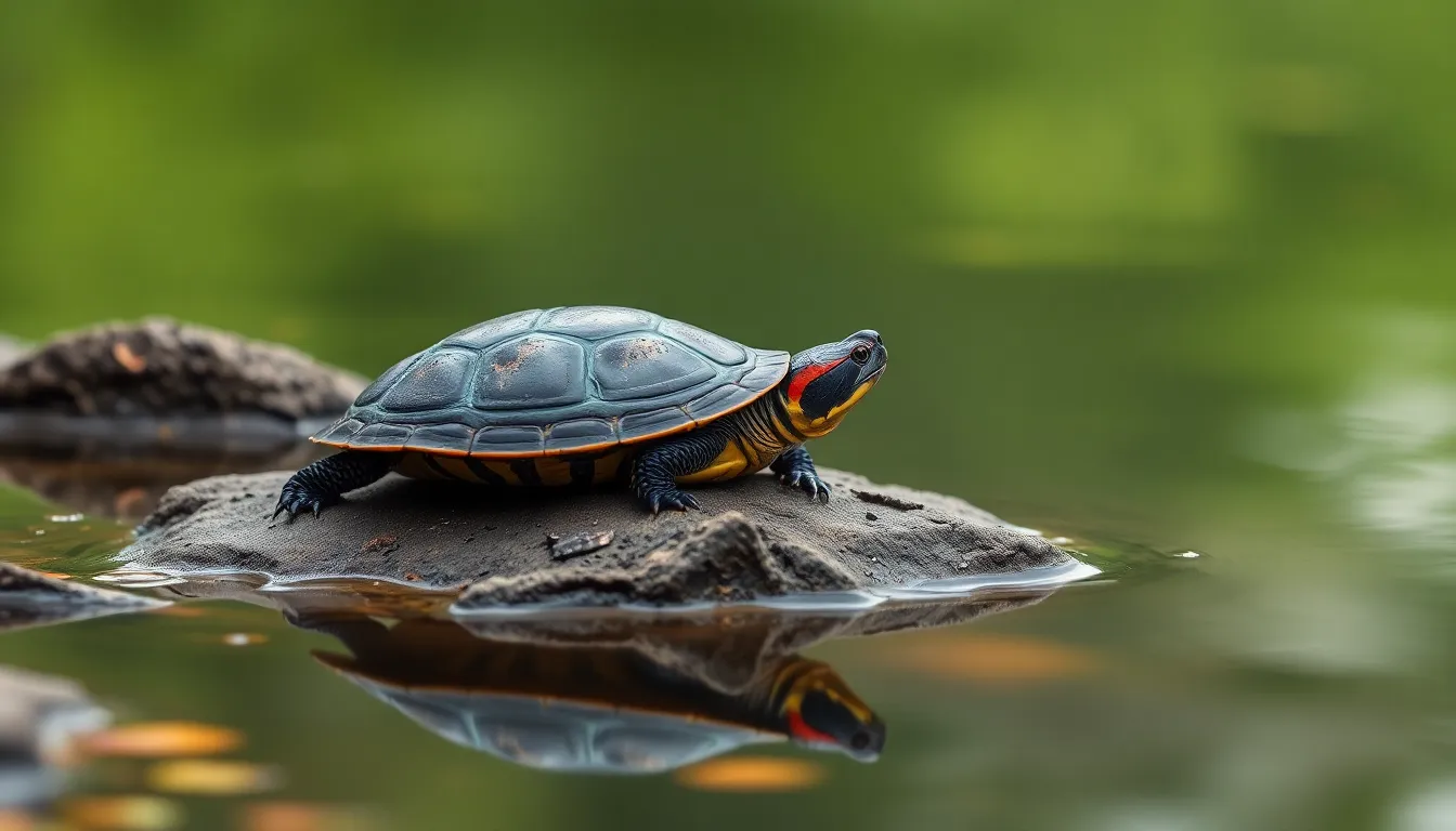 Red-Eared Slider Turtle Basking By The Pond