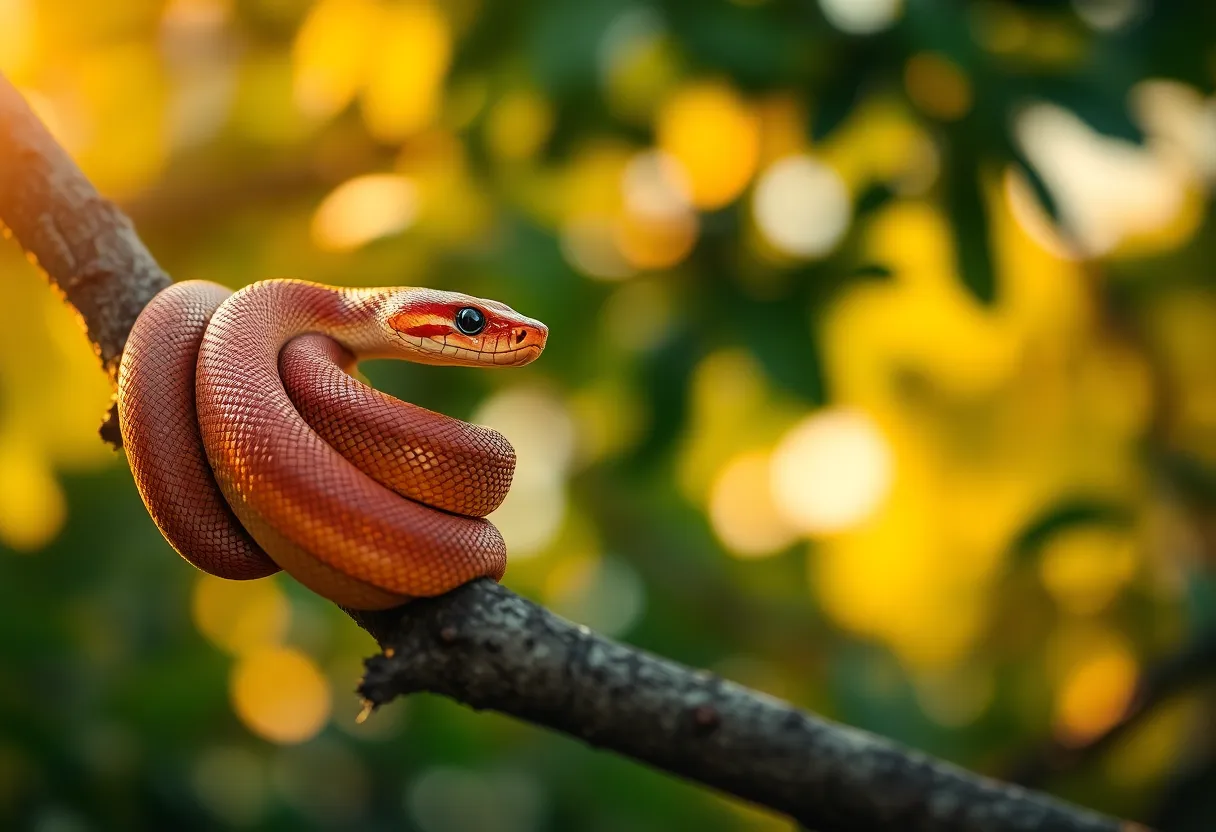 This striking image features an elegant snake gracefully coiled around a tree branch, illuminated by the warm glow of golden hour light. The soft rim lighting highlights the intricate patterns on its scales, while the lush surrounding foliage blurs into a creamy bokeh. The warm color palette creates a cozy atmosphere, perfectly embodying the peaceful coexistence of wildlife and nature. With the snake positioned in the left power point, the composition draws the viewer's eye to the elegant curves of this magnificent reptile.
