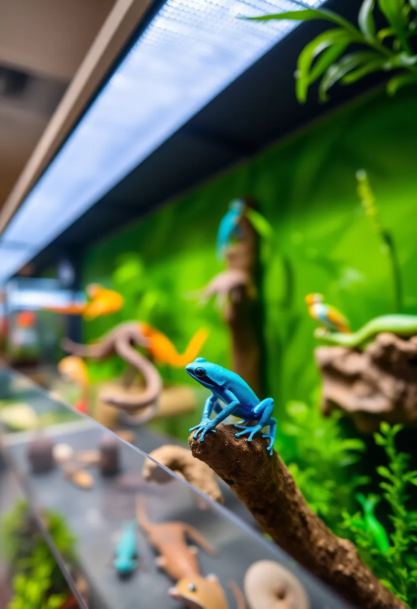 This vibrant image captures a blue poison dart frog displayed in a pet store exhibit, surrounded by a lush green backdrop in a glass terrarium. Bright artificial lighting enhances the colors, making the frog's vivid blue stand out strikingly. With a shallow depth of field, the focus remains on the frog, creating an engaging portrait that draws the viewer in. The saturated colors and symmetrical composition highlight the beauty of this exotic reptile, making it a compelling subject for nature and pet enthusiasts alike.