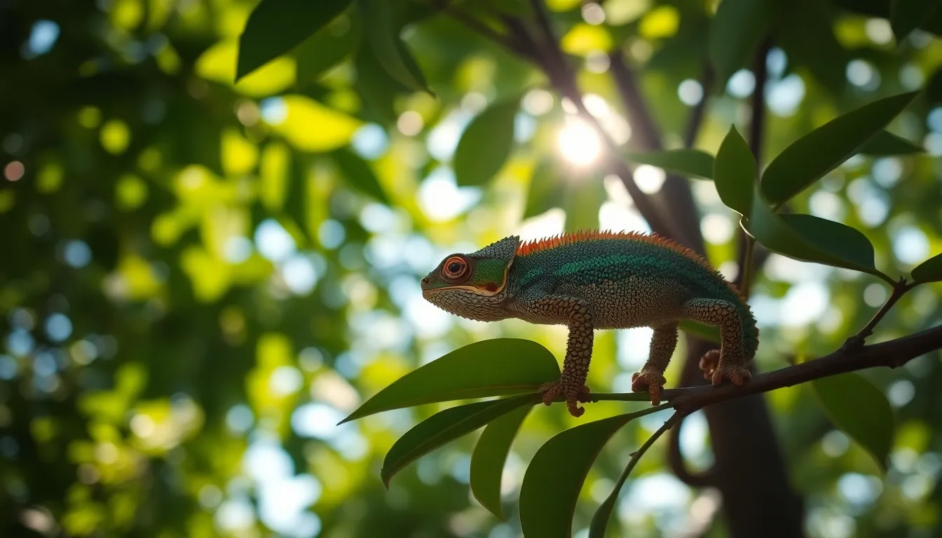 This stunning image captures a chameleon perfectly camouflaged among lush green leaves, showcasing its vibrant colors and texture. Photographed in dappled sunlight, the soft background enhances the subject's intricate scales and color variations. The composition follows the rule of thirds, drawing the viewer's eye along the branch to the camouflaged reptile. The natural muted tones create a serene and inviting atmosphere.