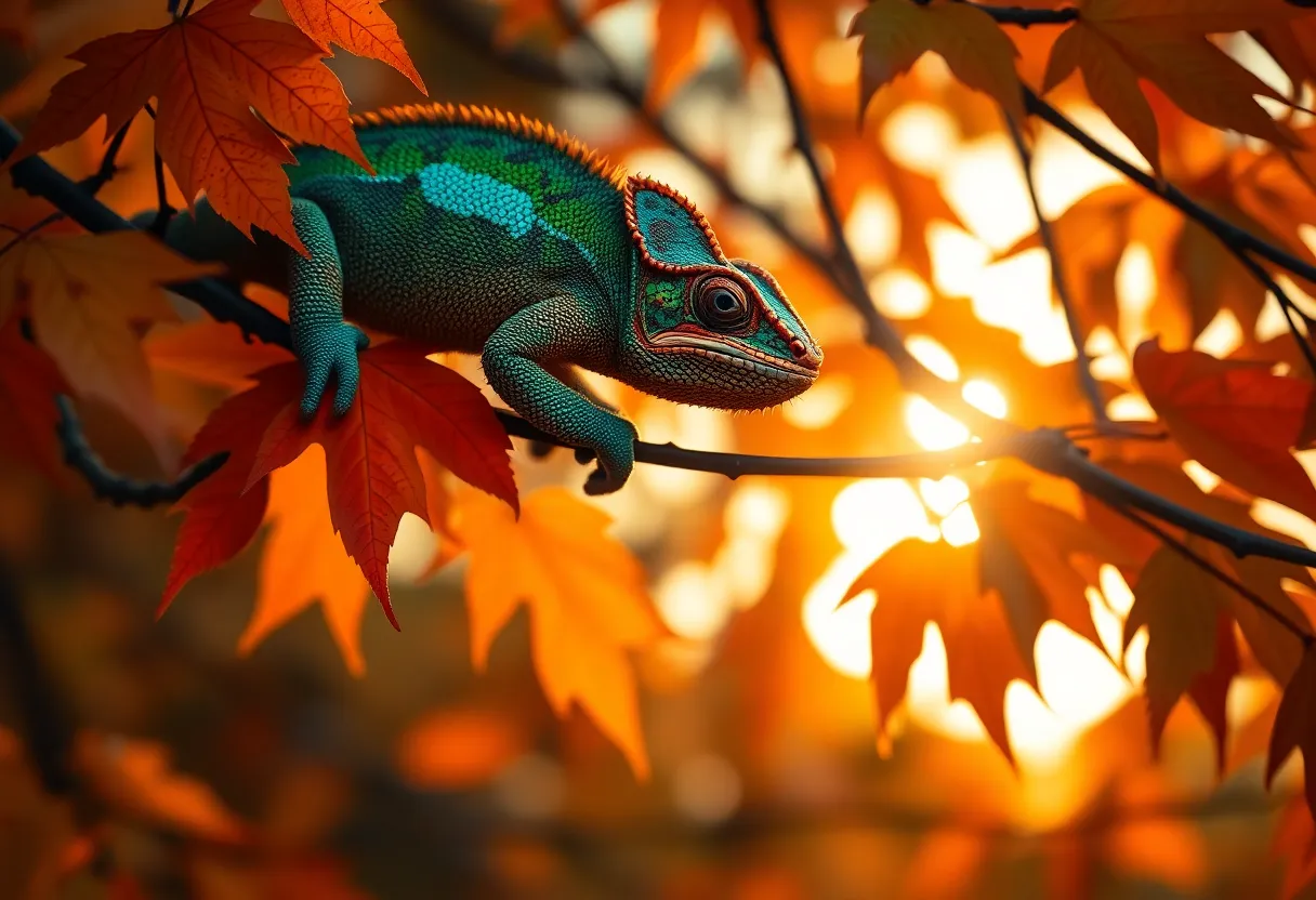 In this captivating image, a striking chameleon clings to a branch, showcasing its remarkable ability to adapt to the vibrant autumn leaves around it. Captured during golden hour, the warm backlighting creates a stunning rim light that accentuates the textures of the chameleon's skin. The use of hyperfocal distance keeps both the chameleon and foliage in sharp focus, while a cinematic teal and orange color grading bathes the scene in warmth. The composition adheres to the rule of thirds, drawing the viewer's eye to the incredible details.