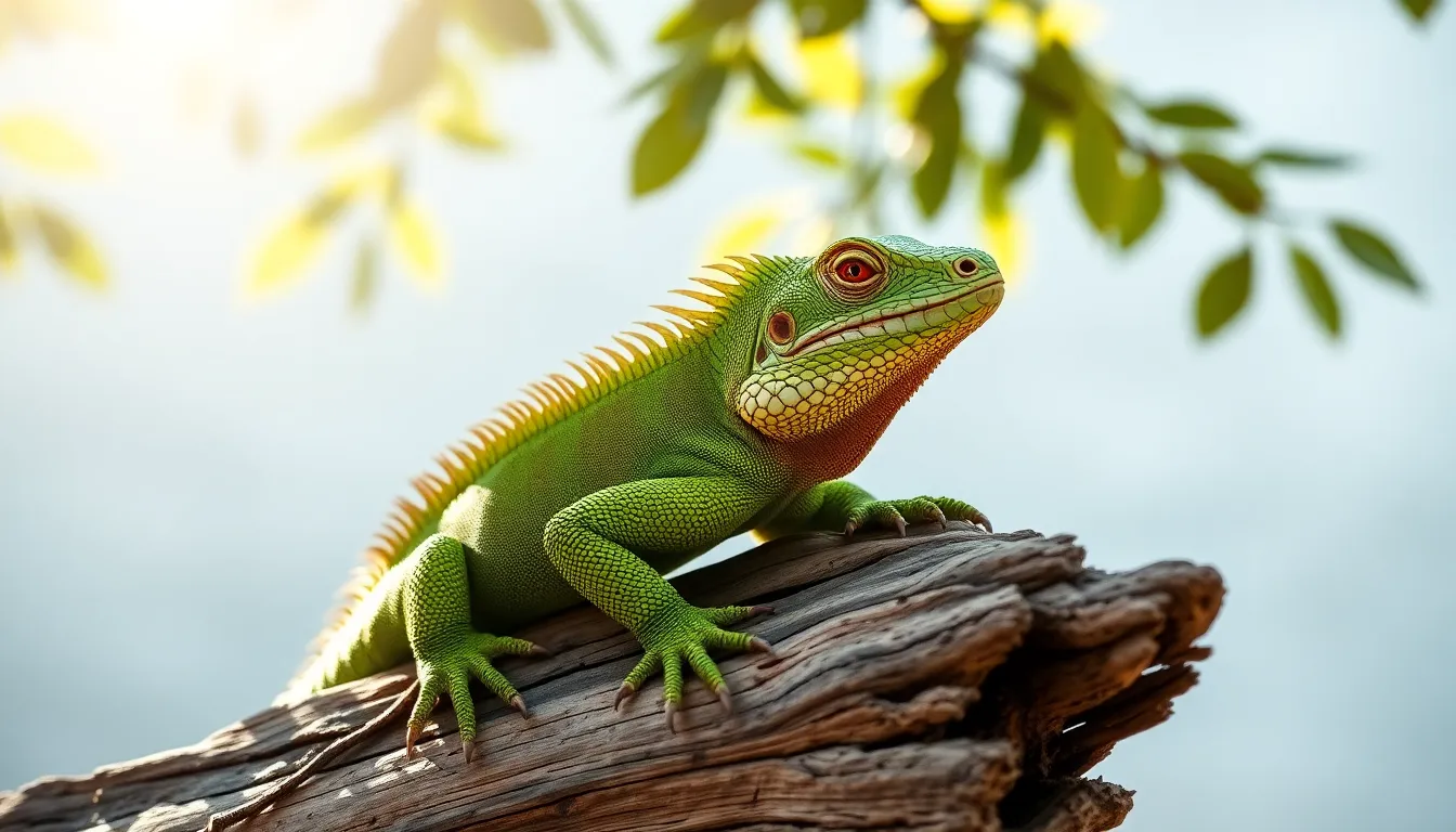 This captivating image features a vibrant green iguana lounging elegantly on a piece of driftwood. Captured in soft, natural light, the scene is alive with dappled sunlight filtering through the branches, highlighting the intricate textures of the iguana's skin. The shallow depth of field draws attention to the iguana while softly blurring the lush background. With a harmonious blend of warm greens and browns, this composition perfectly encapsulates the serene beauty of reptiles in a natural setting.