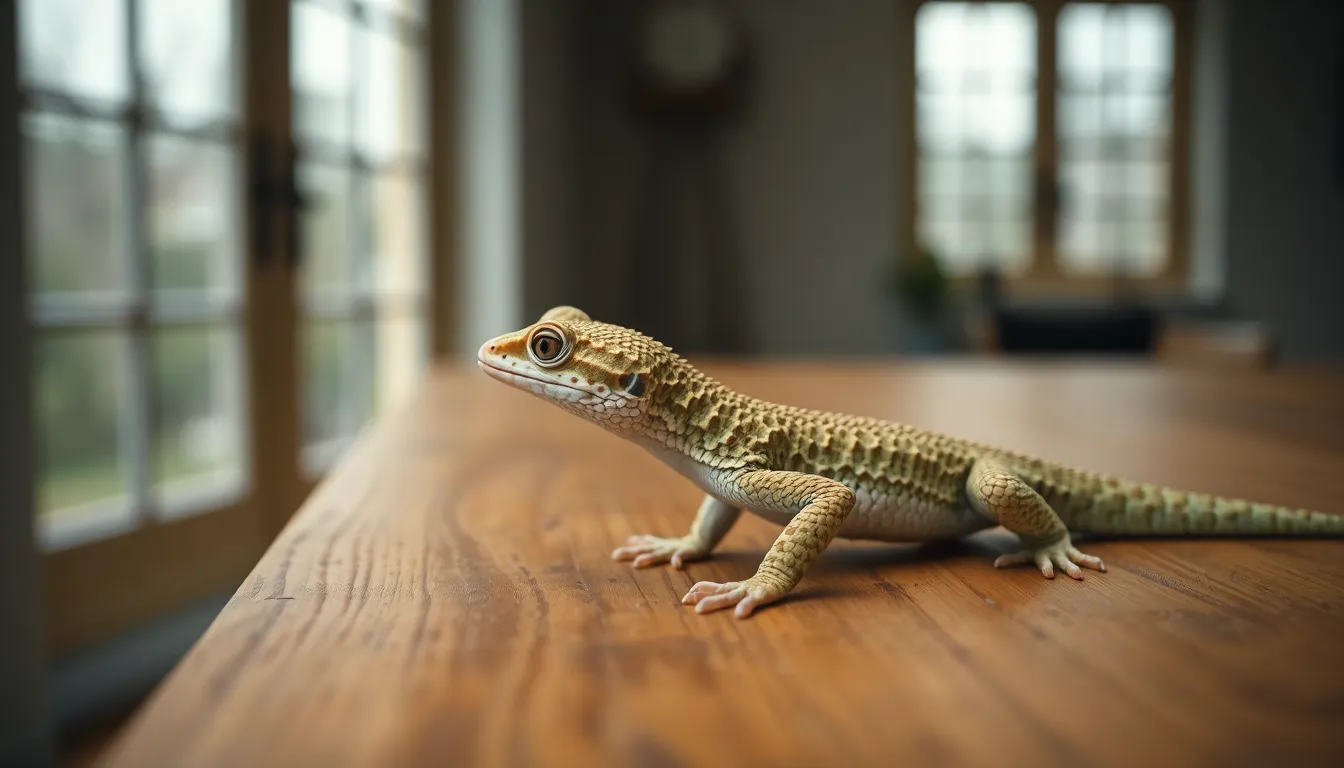 A close-up shot of a gecko resting on a textured wooden surface, captured in soft, diffused daylight. The reptile's vibrant scales display intricate patterns and natural colors, while the blurred background adds depth to the scene. This image conveys a serene mood and offers a glimpse into the natural beauty and detail of exotic pets.