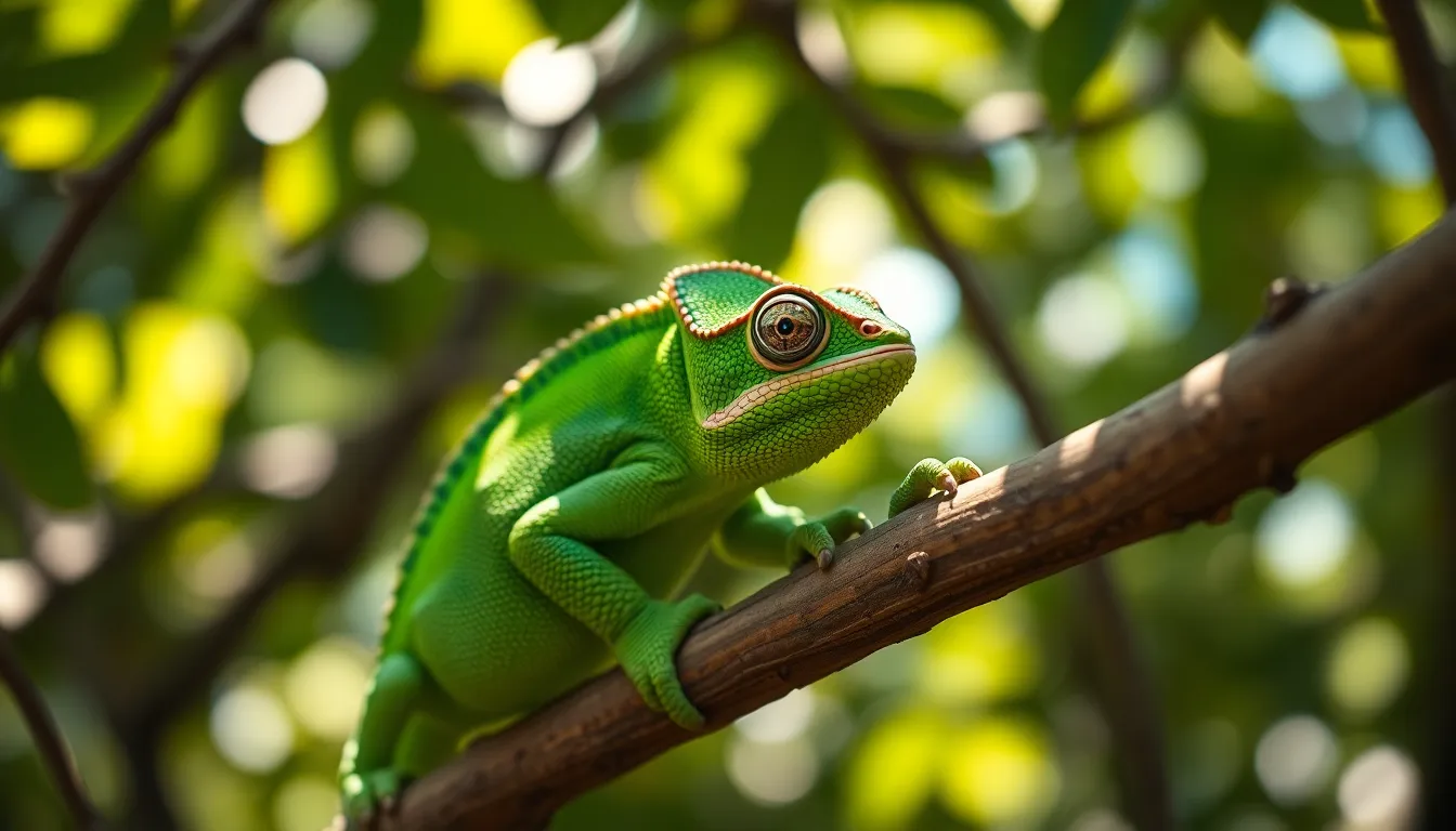 This stunning image captures a vibrant green chameleon perched elegantly on a textured branch illuminated by dappled sunlight. The shallow depth of field emphasizes the intricate patterns of its skin, while the warm browns of the tree bark create a harmonious backdrop. Rich greens and soft blues enhance the natural beauty of this pet reptile, evoking curiosity and wonder. The chameleon's gaze invites viewers into its serene environment, making it perfect for reptile enthusiasts.
