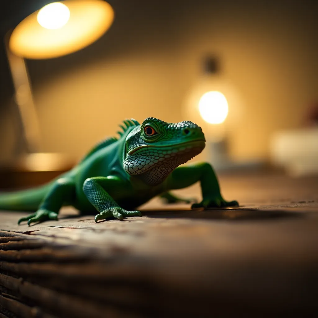 This intimate close-up captures a vibrant green iguana resting on a weathered oak table. The warm tungsten lighting creates a cozy atmosphere, highlighting the reptile's intricate scales and natural skin texture. Soft bokeh blurs the background, drawing attention to the iguana’s piercing eyes and vibrant hues. The overall mood is calm and inviting, perfect for reptile enthusiasts.