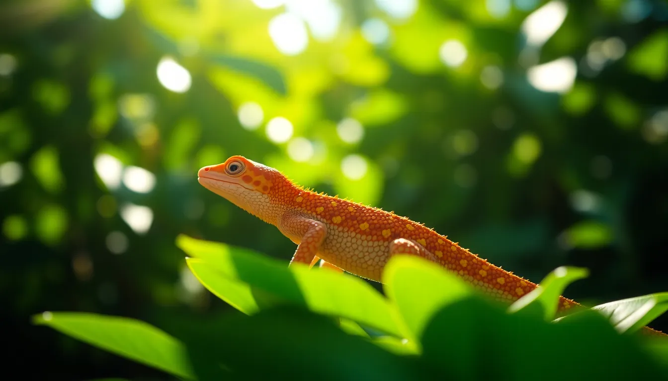 Colorful Gecko on Green Leaves A striking close-up of a colorful gecko perched on lush green leaves, illuminated by dappled sunlight. The image captures the intricate details of the gecko's textured skin, highlighting rich greens and deep blues. With a shallow depth of field, the background blurs into a soft canvas of greens, enhancing the reptile's vibrant colors. This photorealistic image evokes a sense of tranquility and connection to nature.