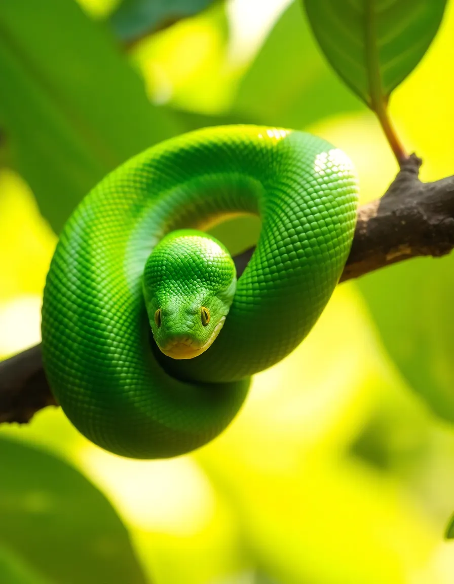 This exquisite macro shot highlights a vibrant green snake gracefully curled around a branch. Soft morning light filters through leafy surroundings, illuminating the intricate details of its scales. The shallow depth of field beautifully isolates the snake in a creamy bokeh, drawing attention to its elegant shape. The centered composition invites viewers to admire this stunning reptile’s beauty and natural elegance.