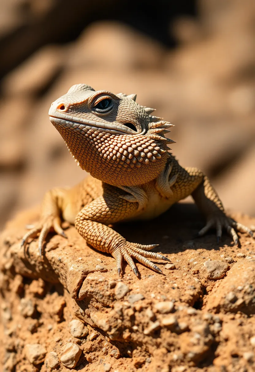 This exquisite macro image captures a bearded dragon basking on a textured rock under natural sunlight. The soft illumination accentuates the intricate details of the dragon's scaly skin, showcasing its unique colors and patterns. With a shallow depth of field, the focus is on the dragon, giving a tactile quality to its surface while softly blurring the background. The thoughtful composition enhances the rugged beauty of the rock setting, creating a warm and inviting scene that highlights the dragon's leisure.