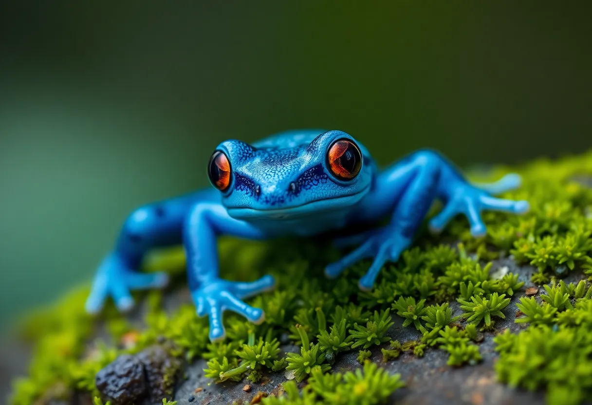 This stunning close-up image features a vibrant blue poison dart frog perched atop a mossy rock, illuminated by soft, diffused daylight. The intricate textures of the frog's skin are highlighted, creating a striking contrast against the rich greens of the moss surrounding it. The composition centers on the frog’s captivating eyes, drawing viewers into its vivid world. The saturated colors enhance the visual impact, encapsulating the sheer beauty of this exotic creature in its natural habitat.