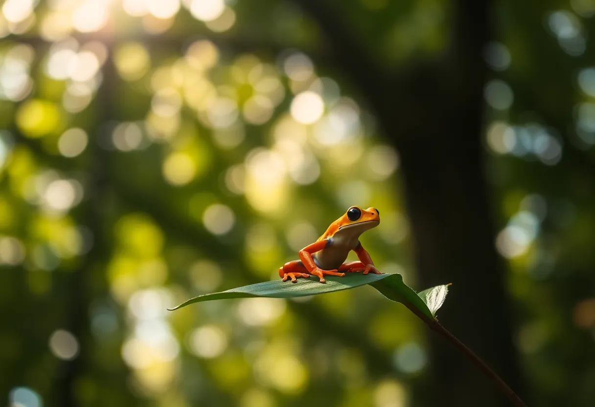 This enchanting scene captures a brightly colored poison dart frog resting on a vibrant green leaf, framed by dappled sunlight filtering through a lush tree canopy. The macro lens reveals intricate details of the frog's skin, showcasing its vivid colors against the rich, natural background. The shallow depth of field emphasizes the subject, creating a dreamy atmosphere that invites viewers into the tropical habitat.