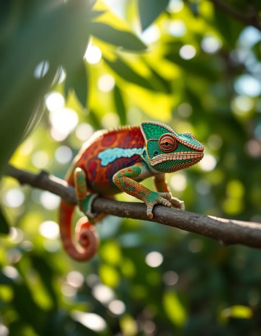 Vibrant Chameleon on a Branch A captivating macro shot of a vibrant chameleon resting on a branch, expertly captured in natural sunlight. The image showcases the intricate patterns and colors of the chameleon's skin, enhanced by a soft background blur. The dynamic composition, marked by diagonal lines from the branch, guides the viewer's focus to the reptile. This photograph embodies the beauty and diversity of nature, inviting admiration for this unique creature.