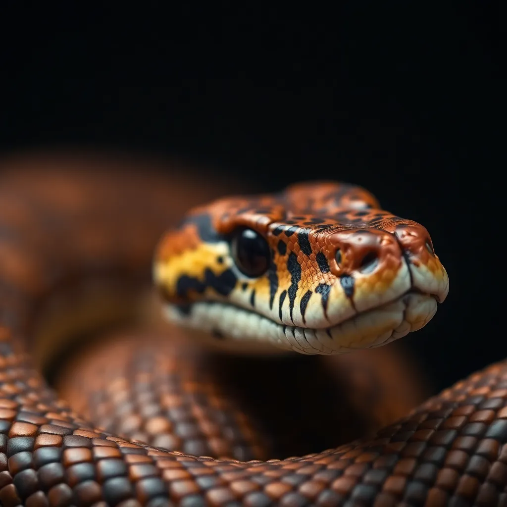 This macro shot highlights the stunning texture and intricate patterns of a snakeskin, captured in a controlled studio environment. Using Rembrandt lighting, the photograph brings out the natural muted tones, creating a sophisticated and artistic representation. The centered composition directs focus to the detailed scales, while the soft bokeh background adds depth and elegance to the image. This piece is perfect for showcasing the beauty of reptilian textures.