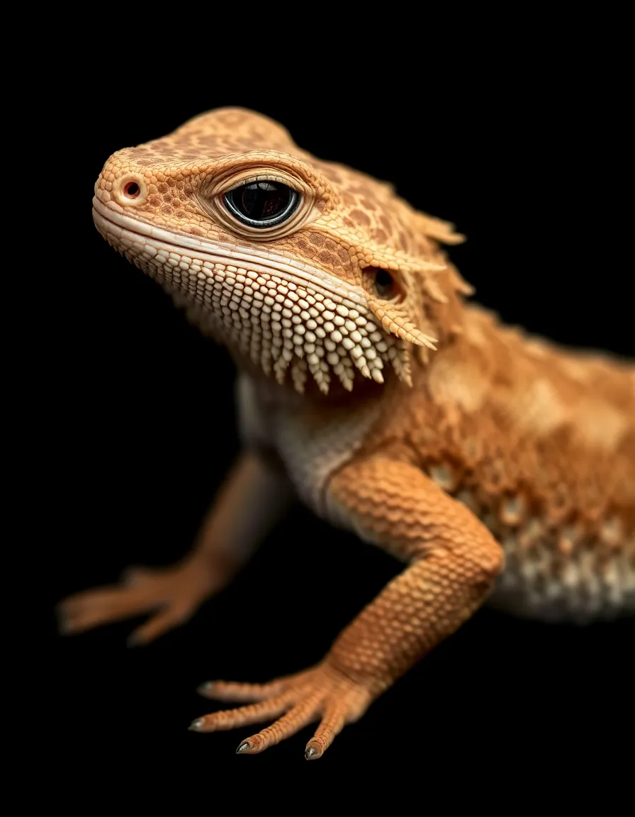 A striking portrait of a bearded dragon captured in a studio setting, showcasing its detailed skin texture and colors under dramatic lighting. The carefully crafted composition highlights the reptile’s unique features, creating an engaging focal point. This image reflects the elegance and charm of reptiles as beloved pets.