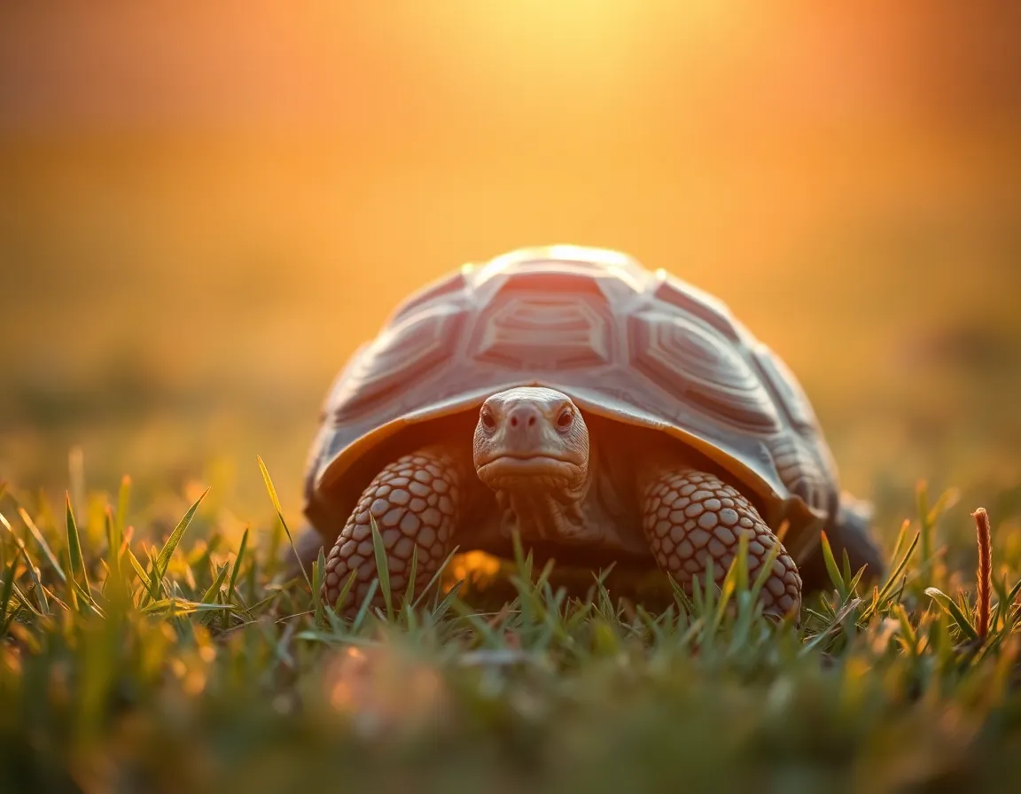 This tranquil image features a tortoise basking in the warm glow of golden hour, its textured shell glistening in the soft light. The carefully blurred background enhances the focus on the tortoise, creating a calm and inviting atmosphere. This scene beautifully portrays the serene lifestyle of reptiles in picturesque settings.