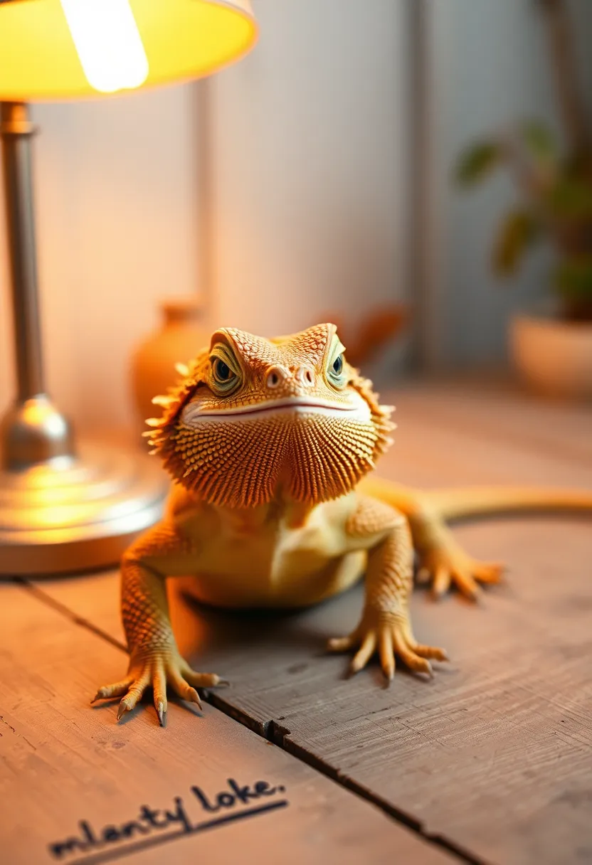 Bearded Dragon on Rustic Table A charming portrait of a bearded dragon resting on a rustic wooden table, illuminated by the warm glow of a tungsten lamp. The image highlights the unique textures of the dragon’s scales, with a soft blur of natural elements in the background. The warm, inviting colors are reminiscent of Kodak Portra 400 film, enhancing the visual appeal. This photograph captures the personality and warmth of this beloved reptile, creating a cozy atmosphere.
