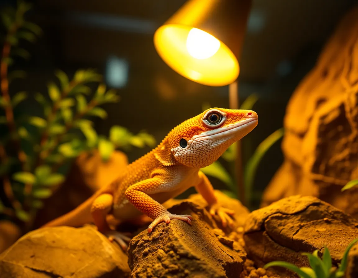 This photograph features a rare gecko nestled within a lush terrarium, beautifully lit by a warm tungsten lamp. The shallow depth of field emphasizes the vibrant colors and intricate details of the gecko's skin, while the soft bokeh creates an inviting atmosphere. By employing the rule of thirds, the composition draws attention to the gecko amidst the rich greenery and textured rocks, capturing a moment of tranquility in its habitat.